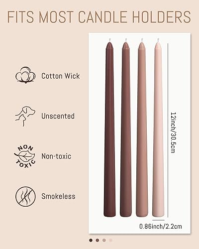 Miniatura 6 de Viyffo Velas cónicas marrones, paquete de 4 velas cónicas sin perfume de 12 pulgadas, 8 horas de tiempo de combustión, sin humo, para el hogar