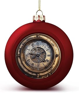 Steampunk Clock Christmas Tree Ornaments 1.6 Inch Shatterproof Pc Plastic Balls with Lanyard Baubles Hanging Christmas Ball Ornaments for Xmas Tree Holiday Party Wedding Home Decorations-red
