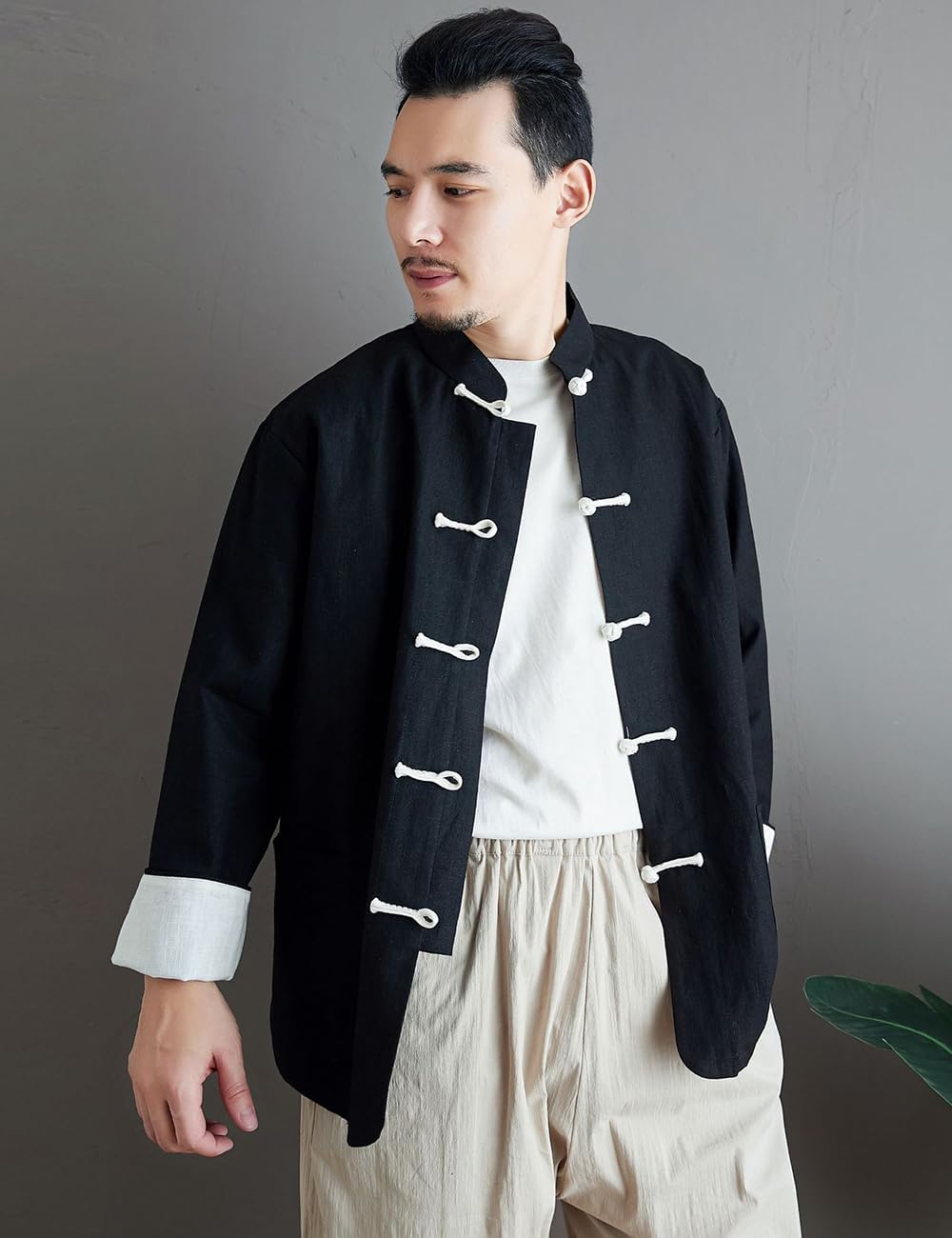 Ystylee Mens Tang Suit Shirt Long Sleeve Contrast Color Chinese Frog Buttons Lightweight Jacket