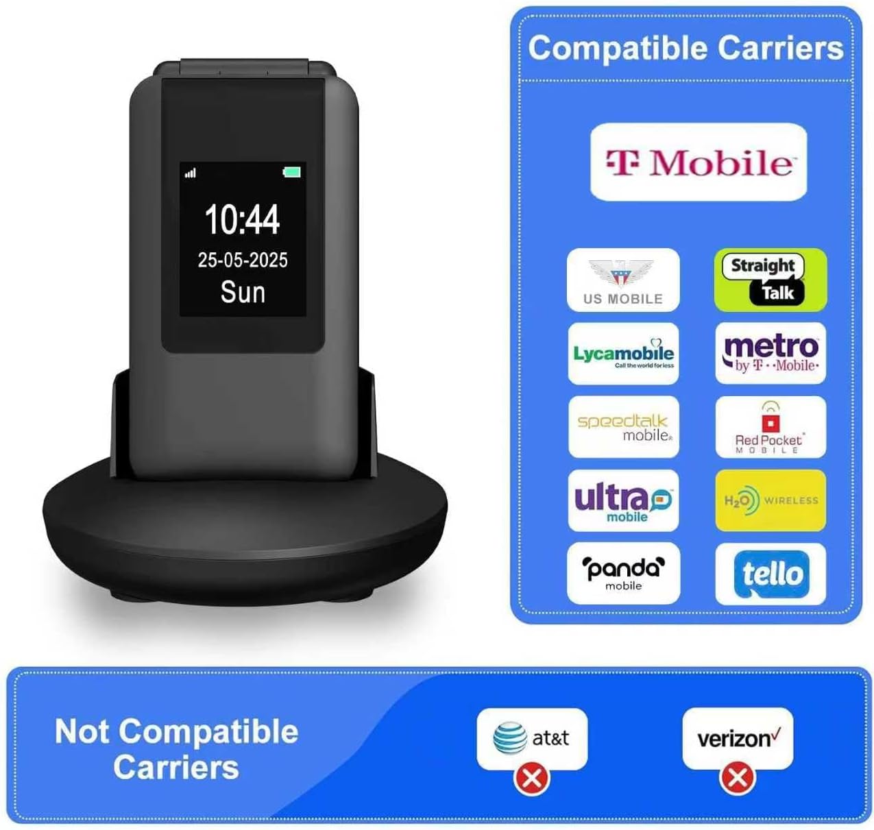 2.8+1.5" Flip Phone Unlocked, 4G Dual Screen Flip Phones for Seniors, SOS Button丨Speed Dial丨Large Fonts丨Charging Dock丨1400mAh Battery