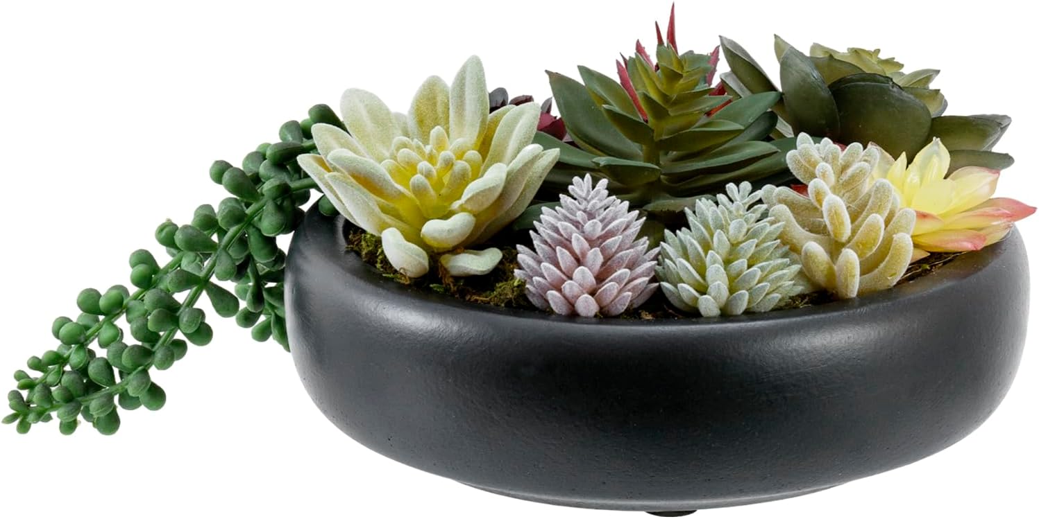 MyGift 8-Inch Artificial Succulent Plant Arrangement, Assorted Fake Plants in Modern Black Round Concrete Planter Bowl - Image 6
