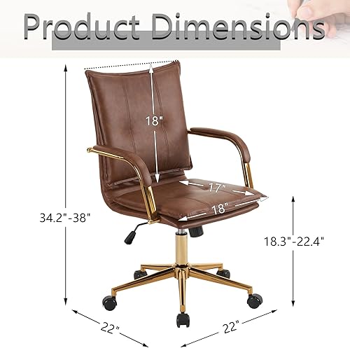 Miniatura 2 de MOJAY Silla de oficina ergonómica de cuero con respaldo medio, silla de escritorio ejecutiva tapizada moderna con marco dorado y reposabrazos, silla
