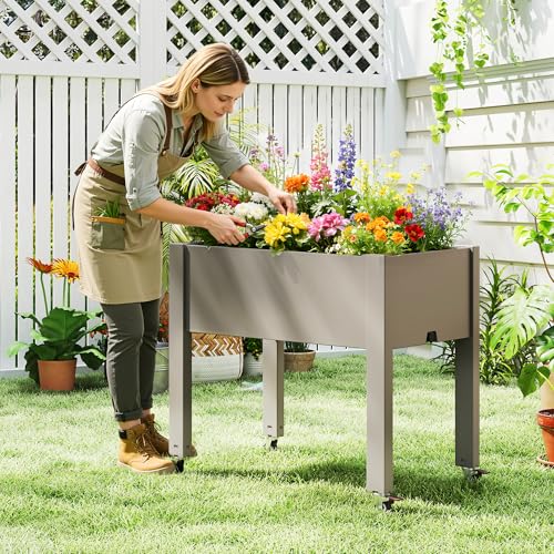 WTFGO Elevated 26.3" Tall Raised Garden Bed with Wheels - Outdoor Mobile Resin Planter Box with Drainage Holes for Vegetables Flower Herbs, Weather Resistant, Medium Gray (26.3" h) — view 3