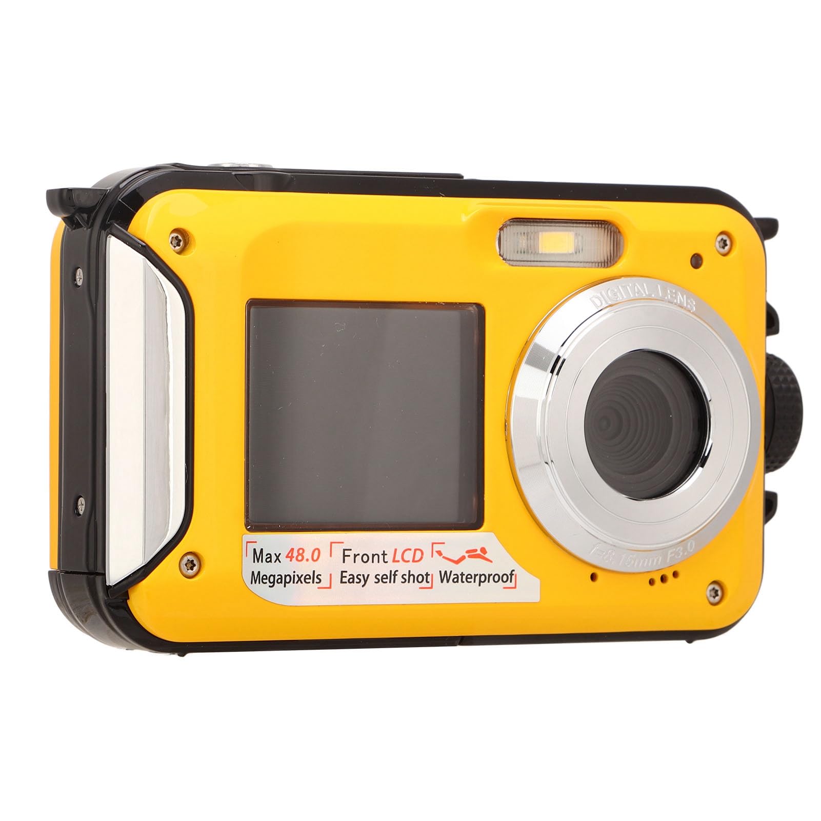 ASHATA Cámara Digital a Prueba de Agua, Full HD 2.7K 48MP Cámara Digital Subacuática a Prueba de Agua de 10 Pies, Zoom Digital 16X, Pantallas Dobles Delanteras y Traseras, Color Amarillo