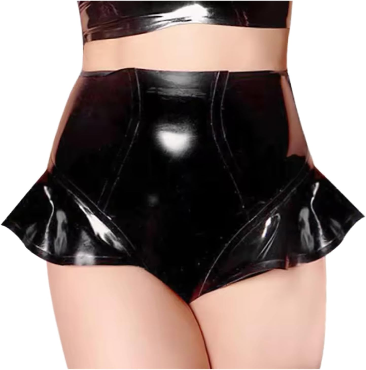 Black Sexy Latex Skirted Control Briefs Rubber Ruffled High Rise Hipster Panties Underpants Underwear Bottoms Retro
