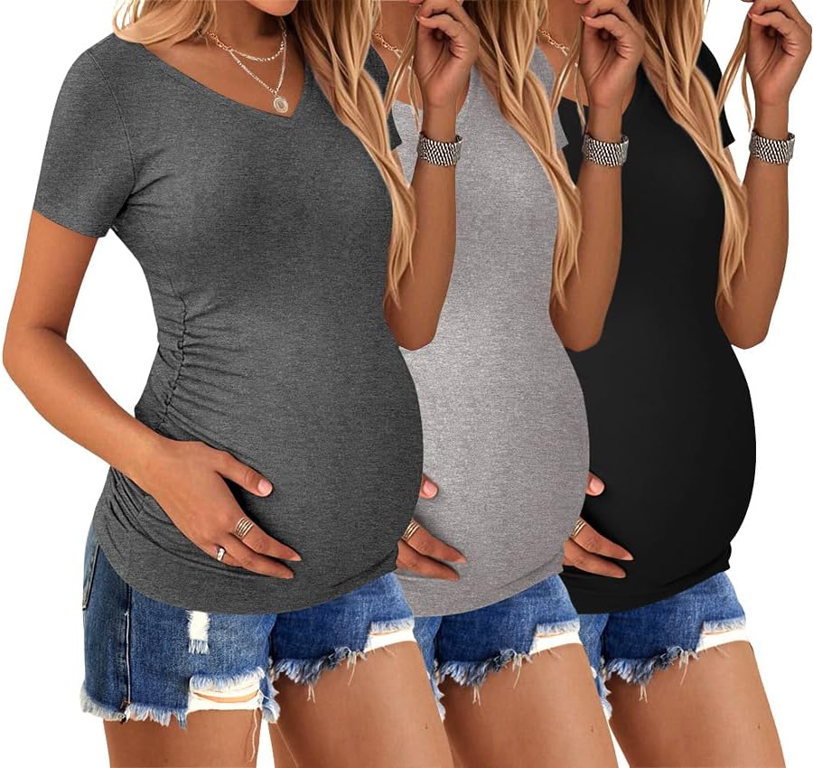 Ekouaer Womens Maternity Shirts 3 Packs V Neck Tops Tunic Pregnancy Clothes Side Ruched Short Sleeve Casual T Shirt S-XXL