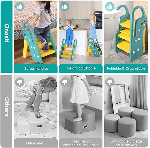 Miniatura 6 de Onasti Taburete plegable para fregadero de baño, taburete ajustable de 3 escalones para niños con asas, taburete de cocina para niños, taburete de