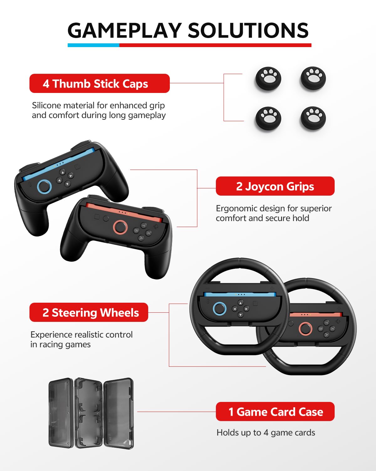Switch zestaw 2 akcesoriów do Nintendo, zestaw do gier 16 w 1: futerał, kontroler bezprzewodowy, automatyczne wyrównanie osłony ekranu OneTouch, kierownica, Joycon dla