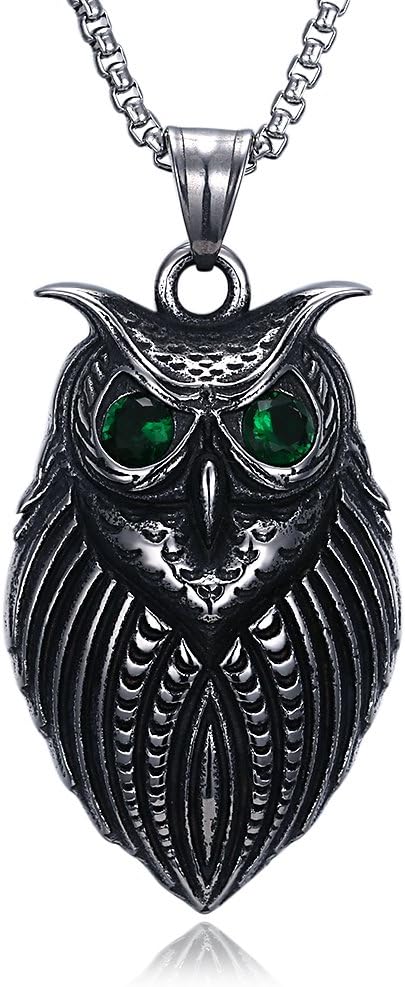 FILMA Men's Punk Night Owl Green Glass Eyes Black Silver Plated Long Chain Choker Chunky Pendant Necklace