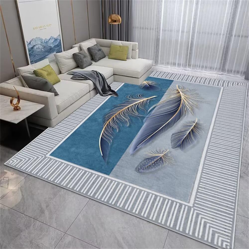 Tapis chambre garçon bleu plume 180x250cm lavable pour grand salon