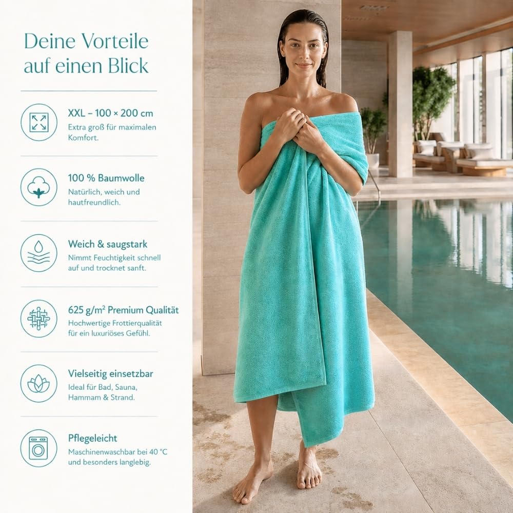 Telo da bagno XXL, 100 x 200 cm, in 100% cotone, 625 g/m², extra large, morbido e assorbente, turchese