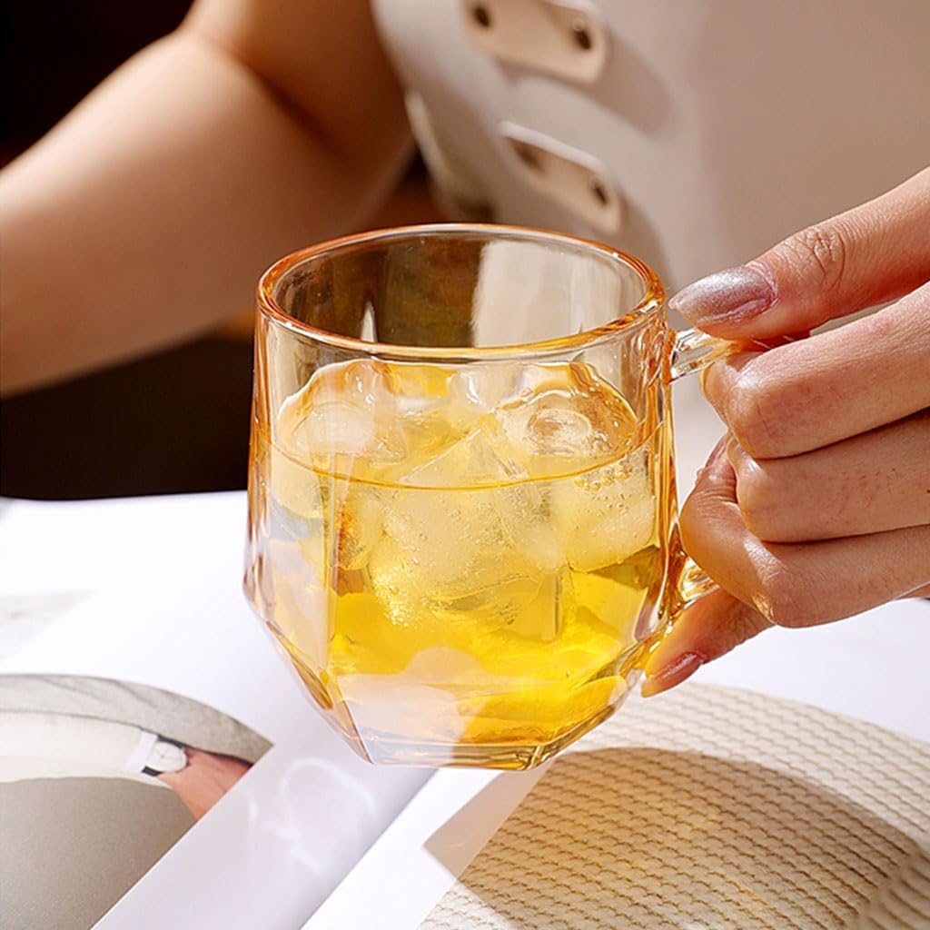 Exquisite Simple Fashion Hexagonal Glass Cup with Handle Home Drinking Glasses Tea Mug Milk Coffee Cup Morning Tumbler 280ml/9.9oz Practical