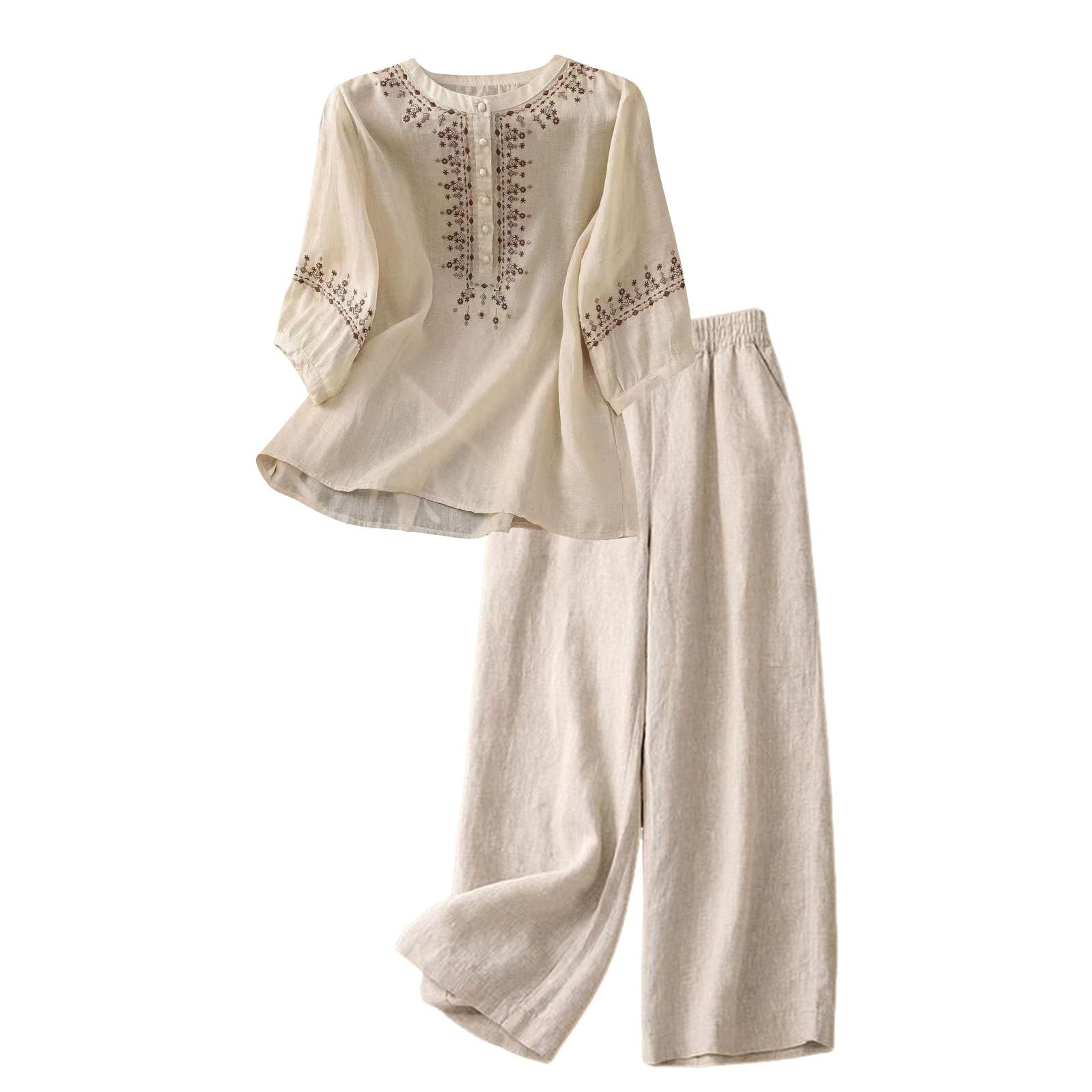 Conjunto Mujer Dos Piezas Elegante Verano Casual Lino Y Algodón Conjunto Deportivo Camiseta Y Pantalones Chandal Completo Talla Grande Loungewear Manga 3/4 Holgado Diarios Casa Playa Vacaciones