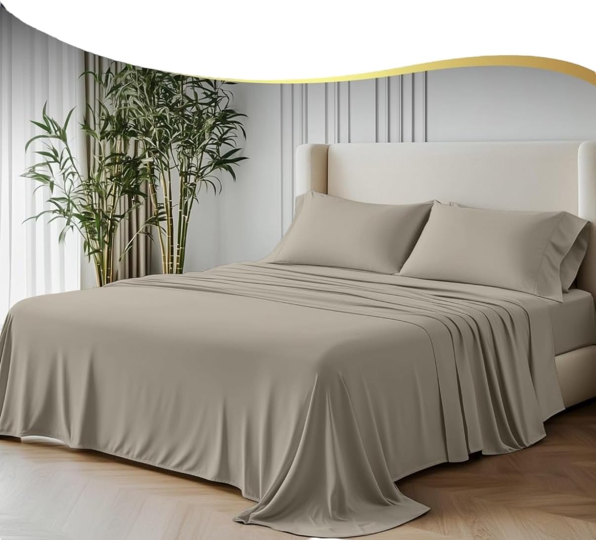 GF 100% Organic Bamboo Bedding Set 4 Pieces 300tc Luxurious sateen weave Duvet Cover, 2 x Pillow Cases & Extra Deep 40cm Fitted Sheet. Evening Sandstone, Double