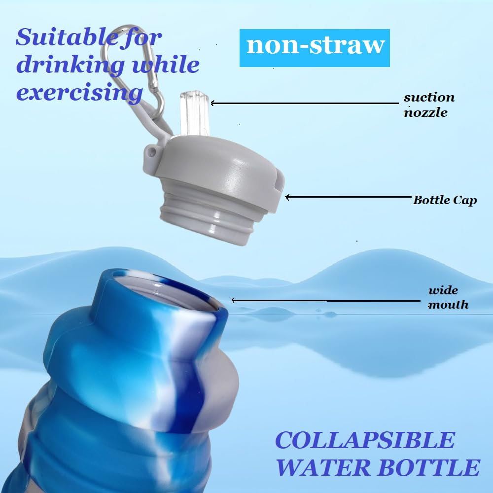 Botellas de agua plegables con popote, botella de agua de silicona de viaje sin BPA con mosquetón, botellas deportivas reutilizables, plegables, portátiles, ligeras, para gimnasio, camping,