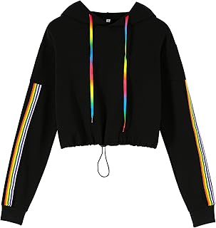 Women's Long Sleeve Cropped Hoodies Color Block Pullover Sweatshirt with Drawstring Hem Casual Cute Clothes