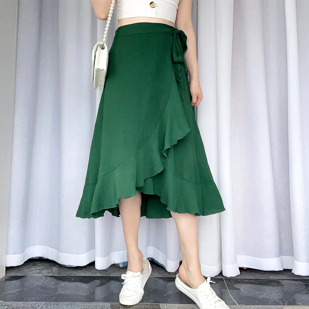 AGYMNX Falda envolvente para mujer de cintura alta, falda midi irregular, dobladillo con volantes, minifalda plisada con lazo para verano, elegante y versátil