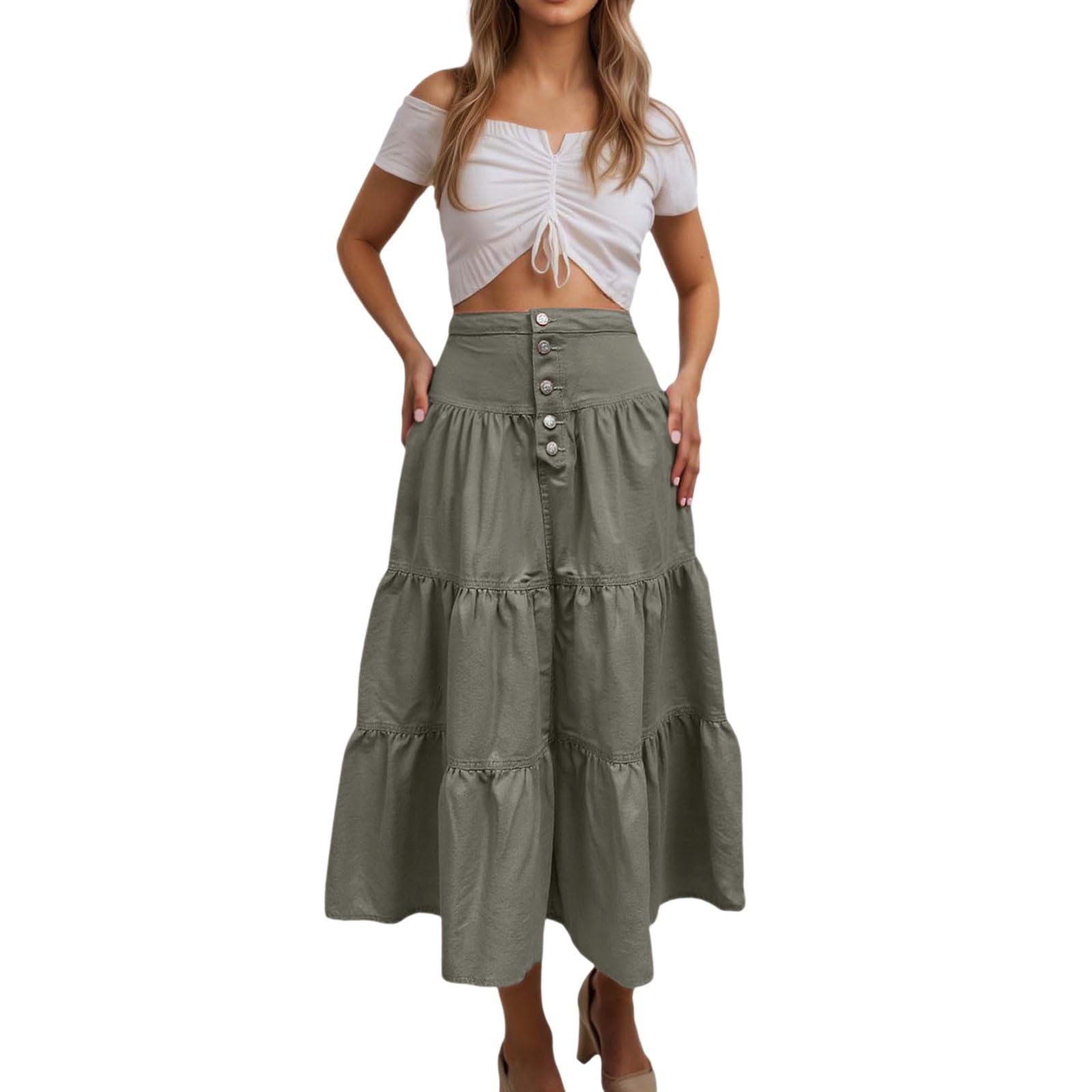Falda Larga Mujer Verano, Faldas Mujer Verano Sexy, Faldas Larga Cintura Alta con Volantes Plisada Y Escalonada Ideal Ropa Calle Fiestas Y Atuendos Casuales Skirt Minifalda Falda Vaquera
