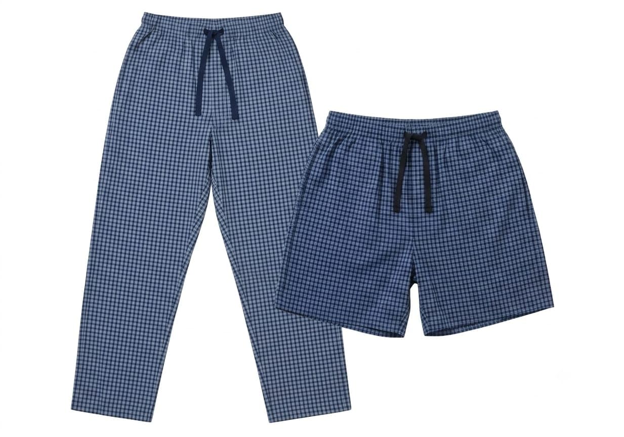 Men's Premium Cotton Navy Blue Gingham Check 2-Piece Lounge & Sleepwear Set – Drawstring Full-Length Pajama Pants with Matching Elastic Waist Shorts-picture-38