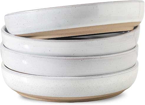 Pasta Bowls Set of 4 with Sesame Glaze Finish, 26 oz Bowl Plates with High Edge for Salad, Soup, Stew, Ceramic 8.2 Inch Dinner Bowls White, Matte Terracotta Base, Dishwasher & Microwave Safe