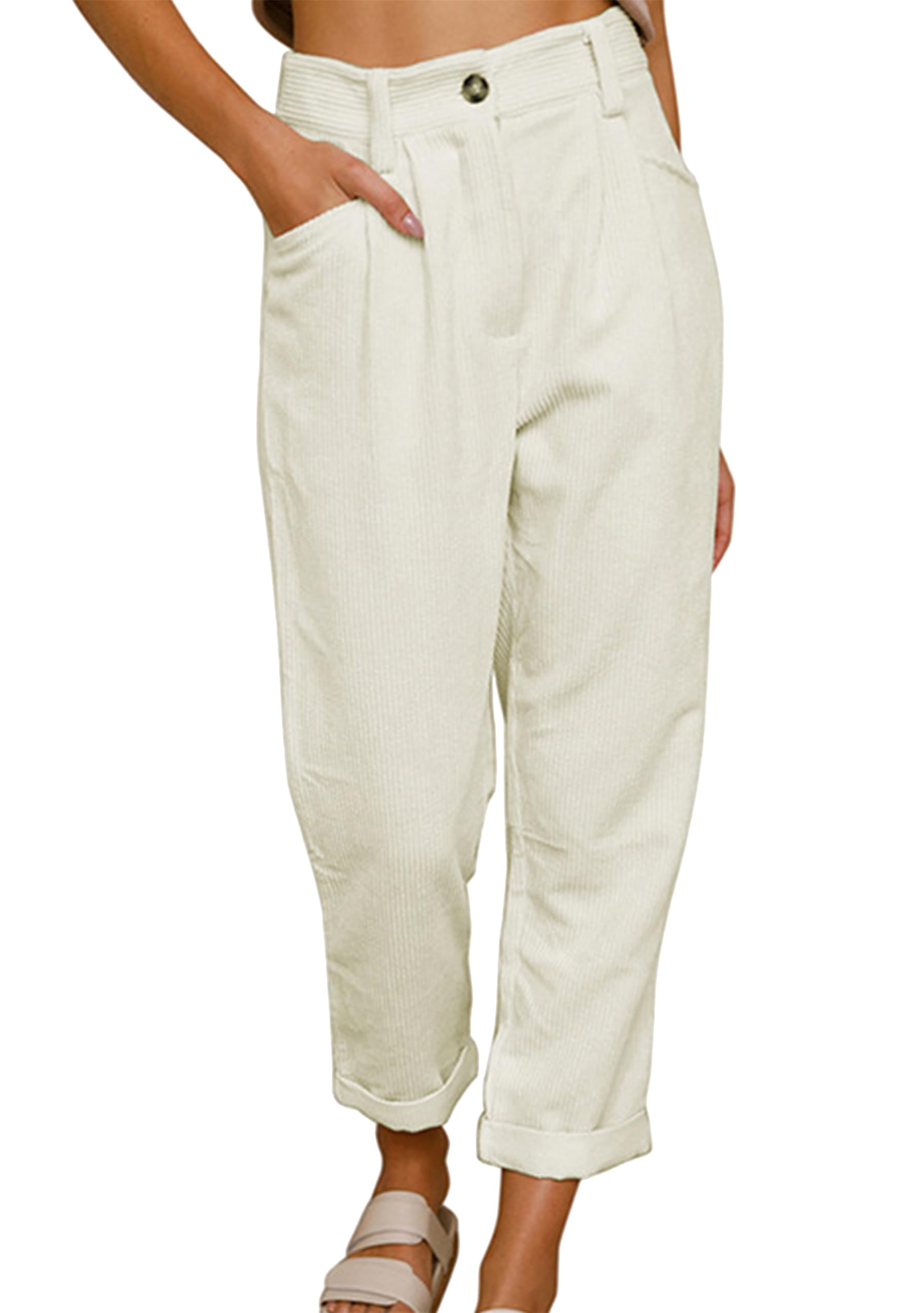 MAYRAIN Womens High Waisted Oversized Corduroy Pants Baggy Straight Leg Trousers Classic Pleated Pocketed Pants
