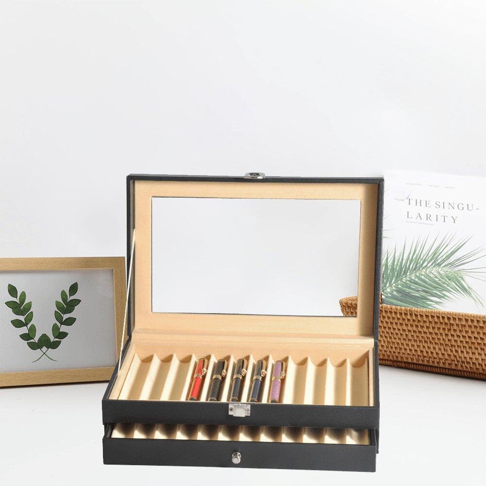 Caja De Exhibición De Almacenamiento De Bolígrafos De Cuero Con Ventana De Vidrio, Caja De Almacenamiento De 24 Rejillas, Organizador De Almacenamiento De Pluma Estilográfica De Gran Capacidad