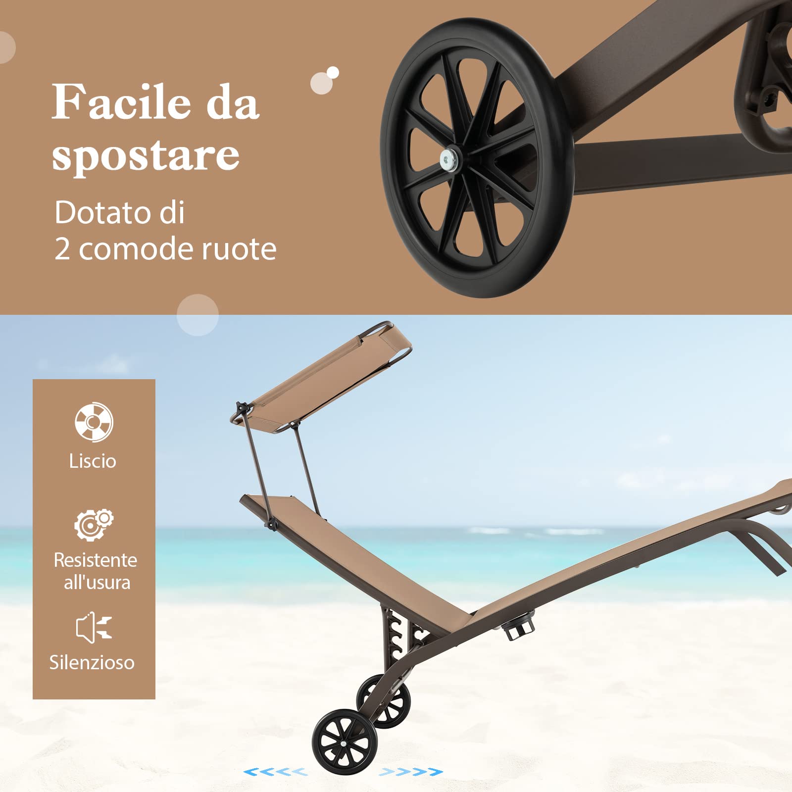 COSTWAY Lettino Prendisole da Giardino, Sdraio Reclinabile con Ruote Tettuccio, con Schienale Regolabile in 6 Livelli, Lettino da Giardino con Portabicchieri a Scomparsa, Portata 150 kg (1, Marrone)