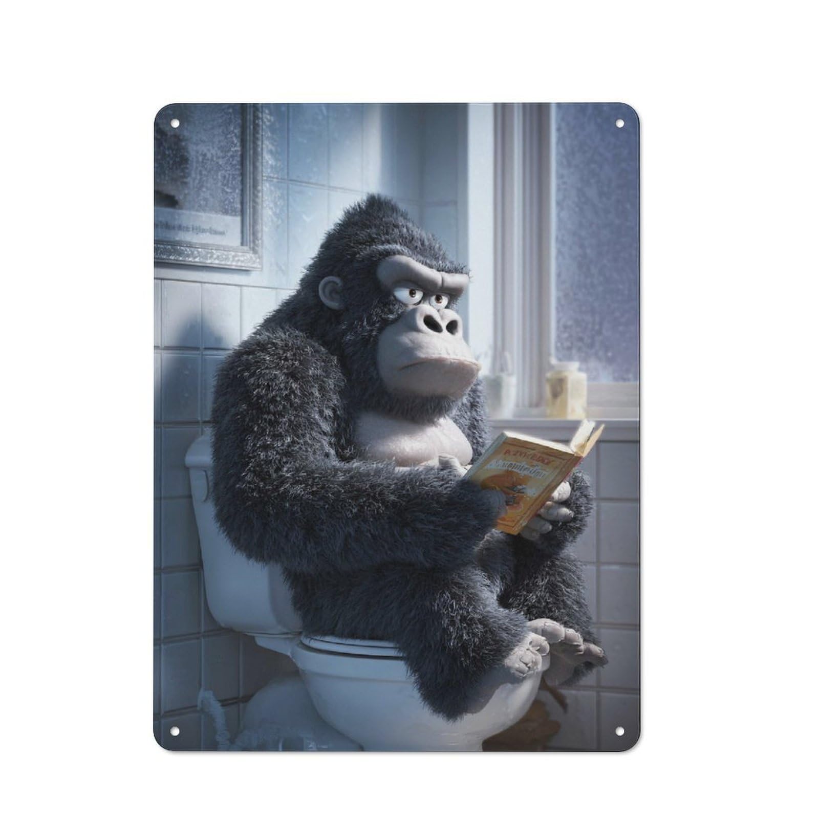 Country Style Gorilla Reading A Book on Toilet Decorative Metal Sign 40x30cm, Bistro Wall Plaque for Restaurant, Kitchen, Counter Or Breakfast Nook