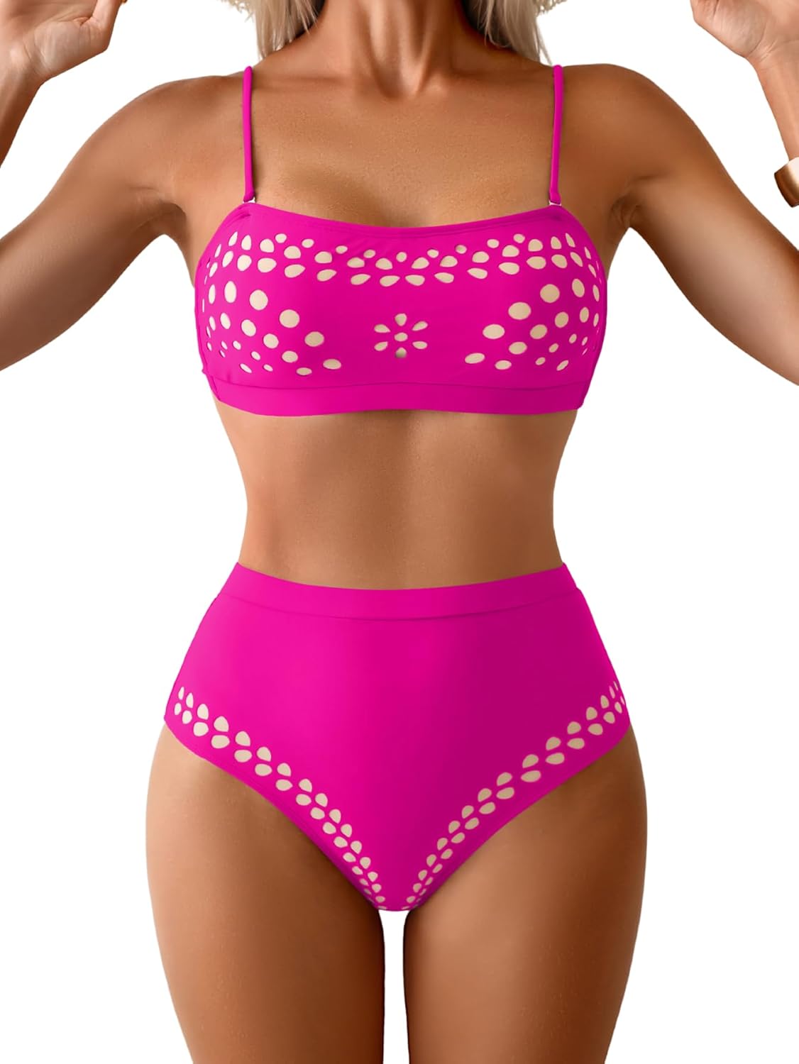 Women's High Waisted Bikini Sets Bandeau Two Piece Swimsuits Cutout Tie Back Bathing Suits