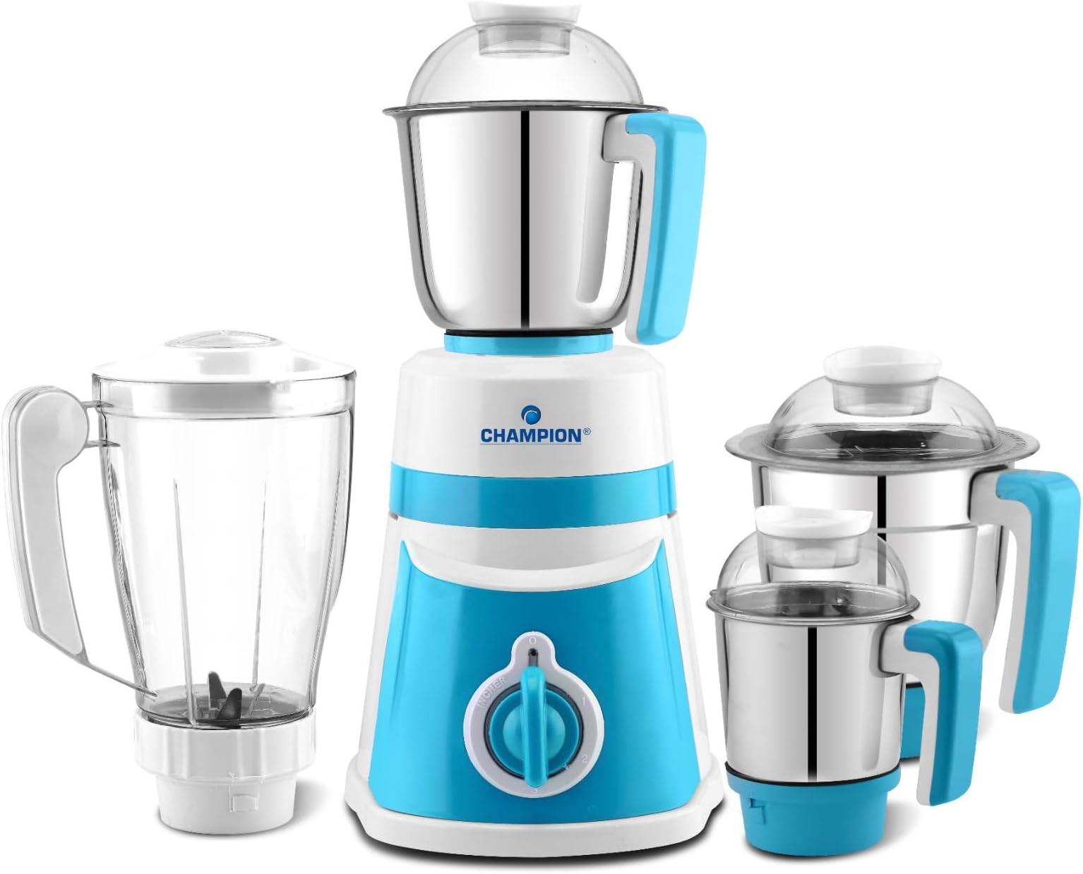 Champion Fortune 750 watt Mixer Grinder | 3 Multipurpose Stainless Steel Jars & 1 Juicer Jar | Copper Motor with 22,000 RPM Speed | 3 Yrs Warranty | Smart Safety Features | White & Blue