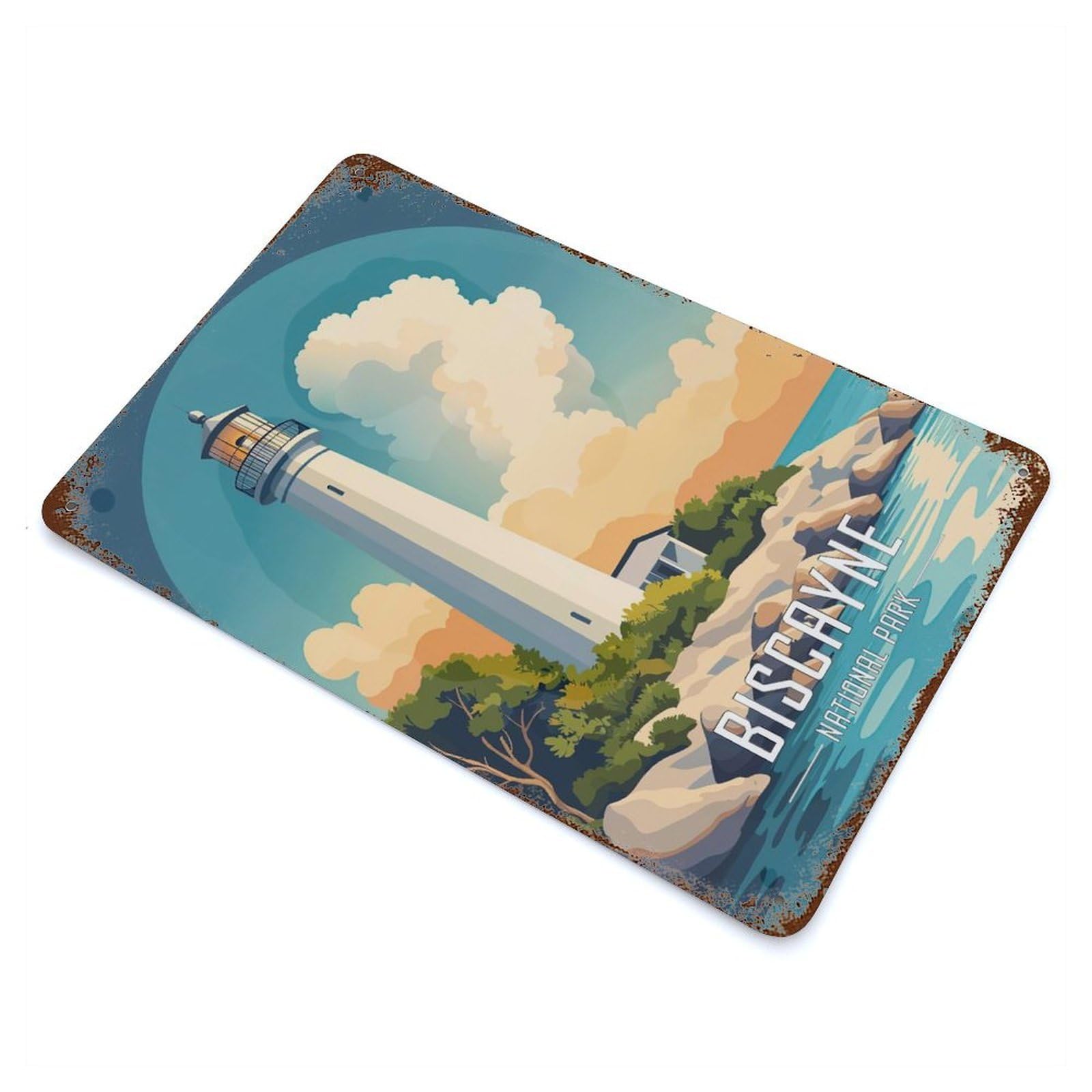 Biscayne National Park Lighthouse Rustic Tin Plaque 11.8"x7.9", Rustic Home Decor for Office, Studio And Wall Decor