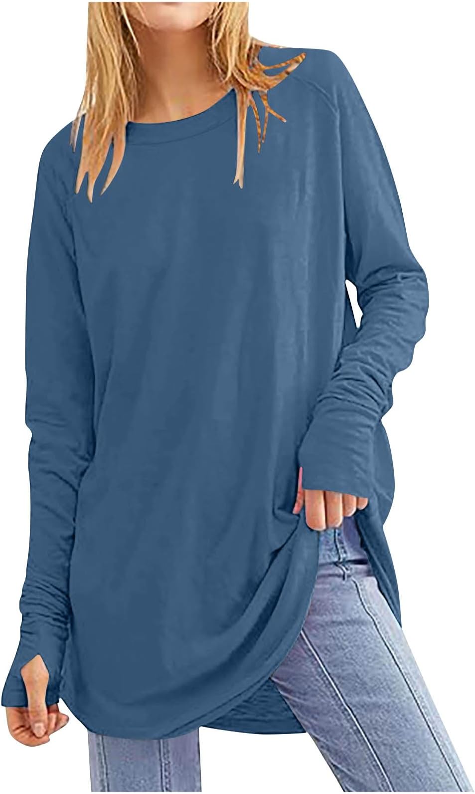 Womens Fall Long Sleeve Tunic Tops Basic Casual Thumb Hole Long Shirts Loose Crew Neck Curved Hem Blouse For Leggings