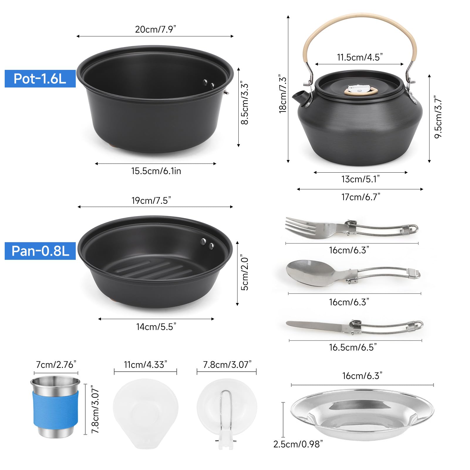 Lot de 23 ustensiles de cuisine de camping pour 2 personnes, vaisselle de pique-nique, casserole avec 2 tasses en acier inoxydable, assiettes, couverts pour randonnée, pique-nique