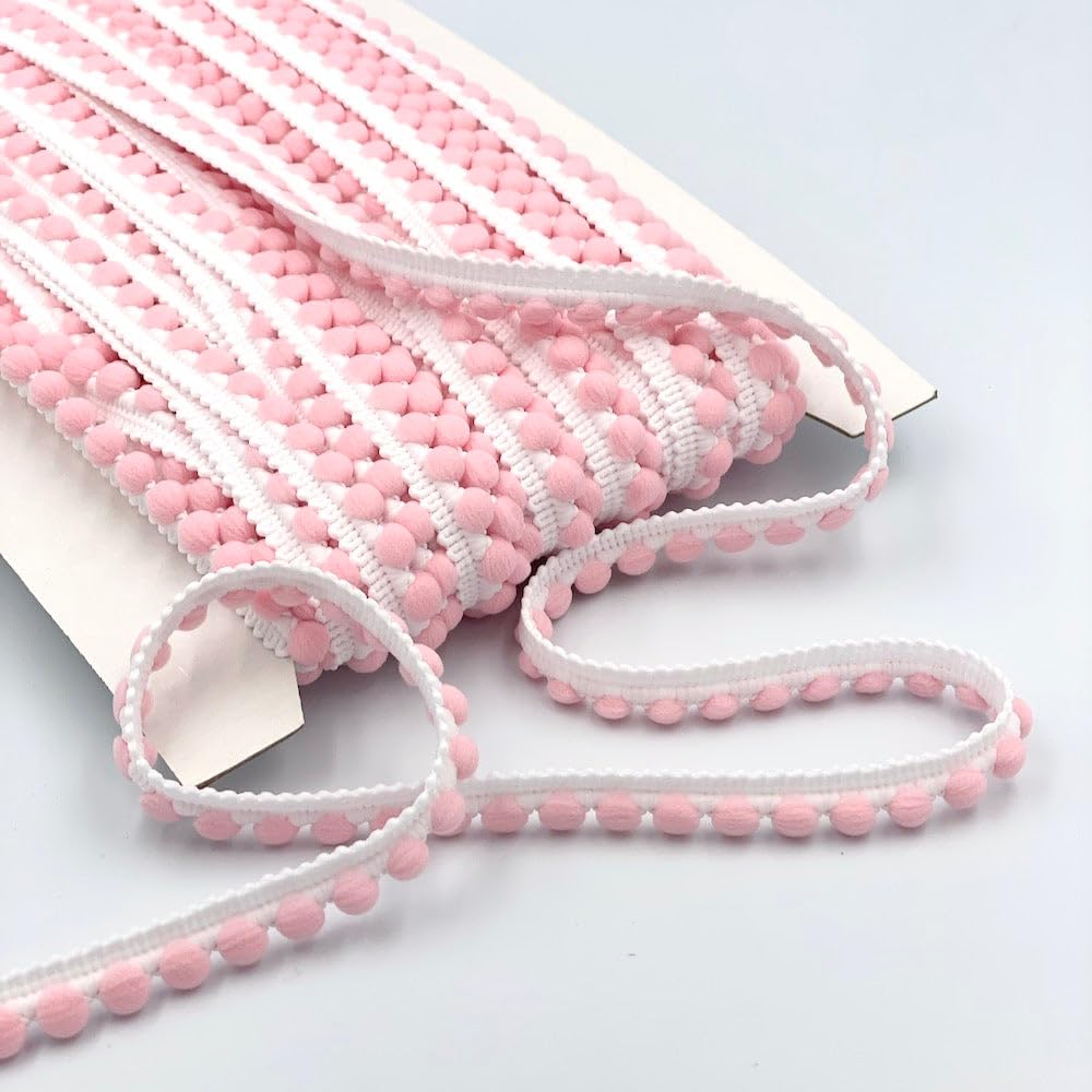 Craft Cult 12mm Pearl Pom Pom Bobble Trim Braid - 25 Metre Roll (002/301 - Pink On White)