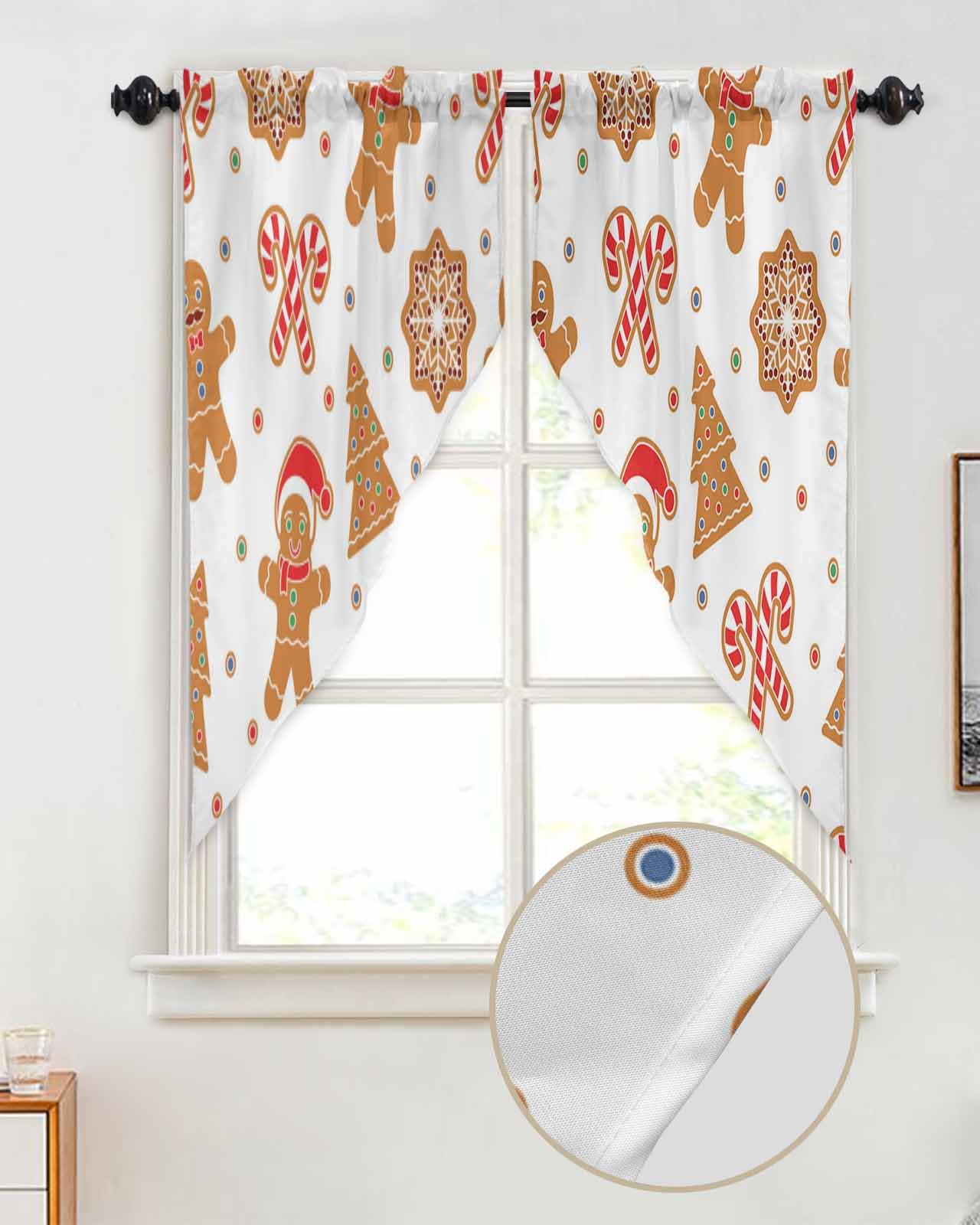 YOKOU Swag Curtains, Christmas Gingerbread Man Winter Kitchen Curtains Valance Tiers for Small Window Bedroom Bathroom, Rod Pocket 2 Panel, 36