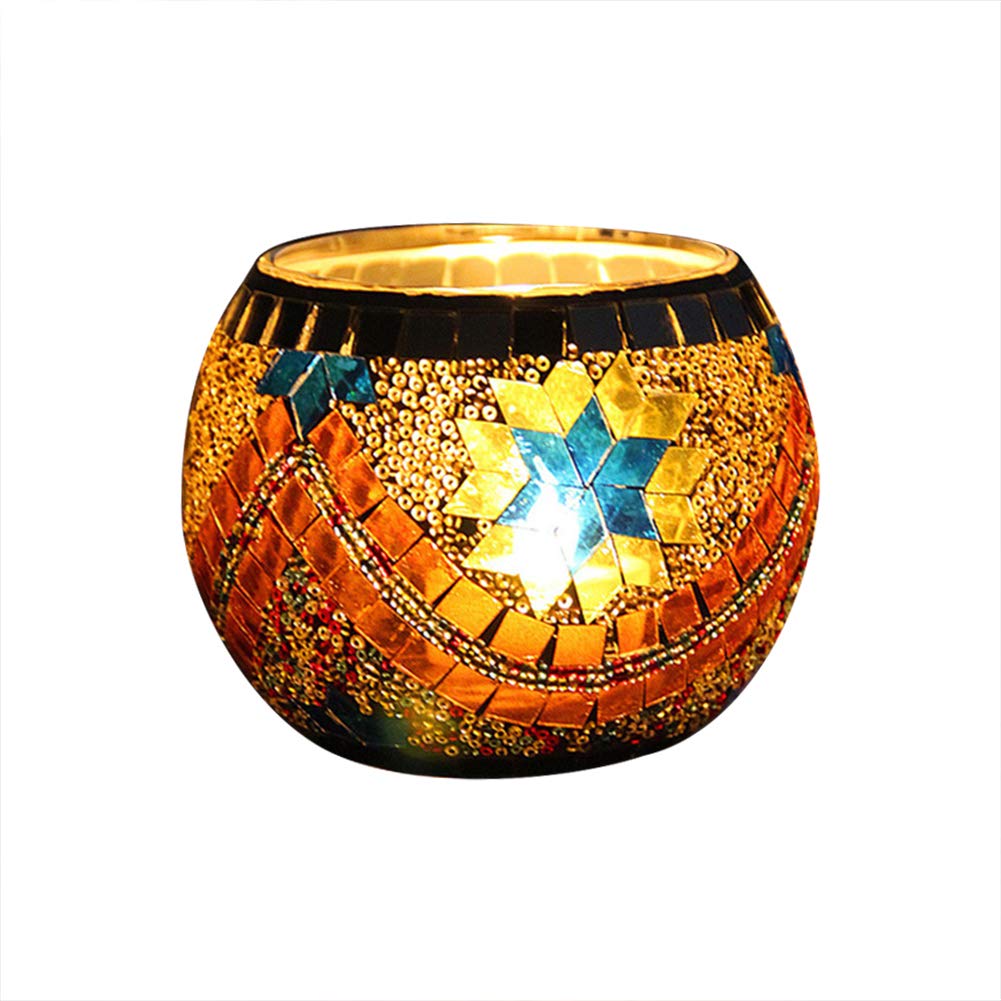 Mosaic Glass Candle Holder, Romantic Crackled Glass Tea Light Holder, Vase Pen Holder, for Home Decoration Wedding Party, 7 x 10.5cm