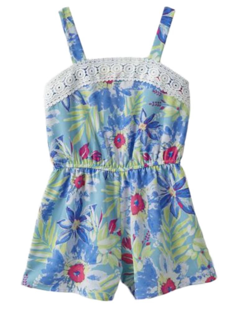 LiltBig Girls Tropical Blue Floral Print Romper