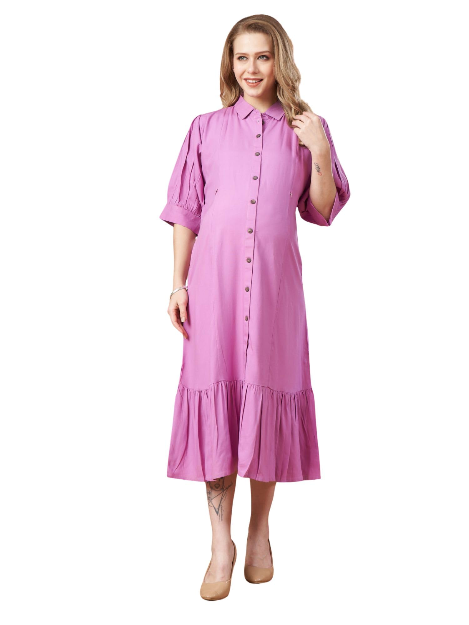 Women's Maternity & Nursing Dress | Button-Down Midi with Mandarin Collar, 3/4 Sleeves & Ruffled Hem-image-16