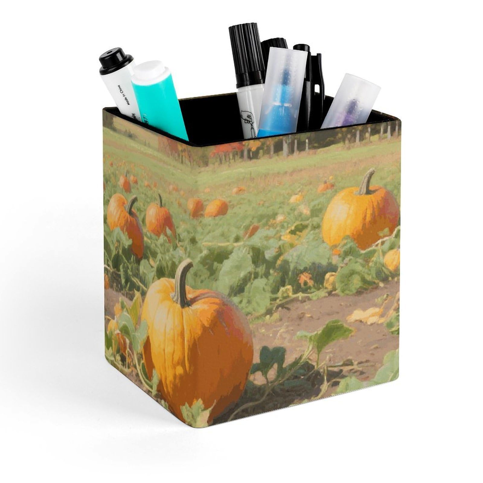 DWVTSLH Aesthetic Pen Holder for Desk - Modern Leather Pencil Holder - Stylish Square Makeup Brush Holder - Fall Pumpkin Patch Pen Cup Cute And Functional Desk Organizer for Office Supplies