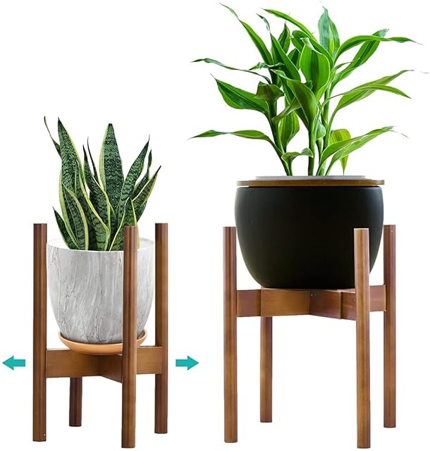 YEALEO 2 Sets of Bamboo Adjustable Plant Stands, 8'' to 12'' Wood Flower Stand Modern Flower Holder for Indoor and Outdoor Use Planter, Brown-2 PACK