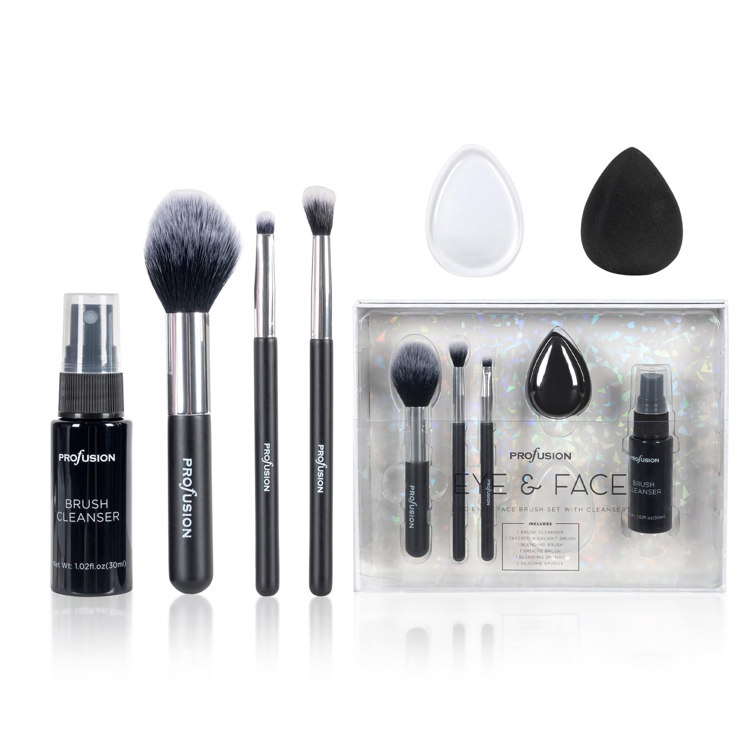 Profusion Cosmetics White Crystals 6 Piece Brush and Cleanser Set - Includes 3 Brushes, 2 Sponges and 1 Brush Cleanser For Blending, Highlighting & Buffing Complete Beauty Makeup