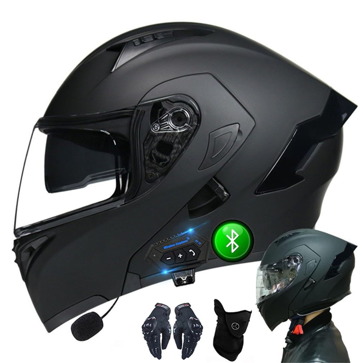CNNGU Motorcycle Bluetooth Helmet With Gloves And Face Cover, DOT/ECE Approved Flip-up Helmet Modular Helmet, Double Sun Visor Full Helmet, Removable And Washable Lining