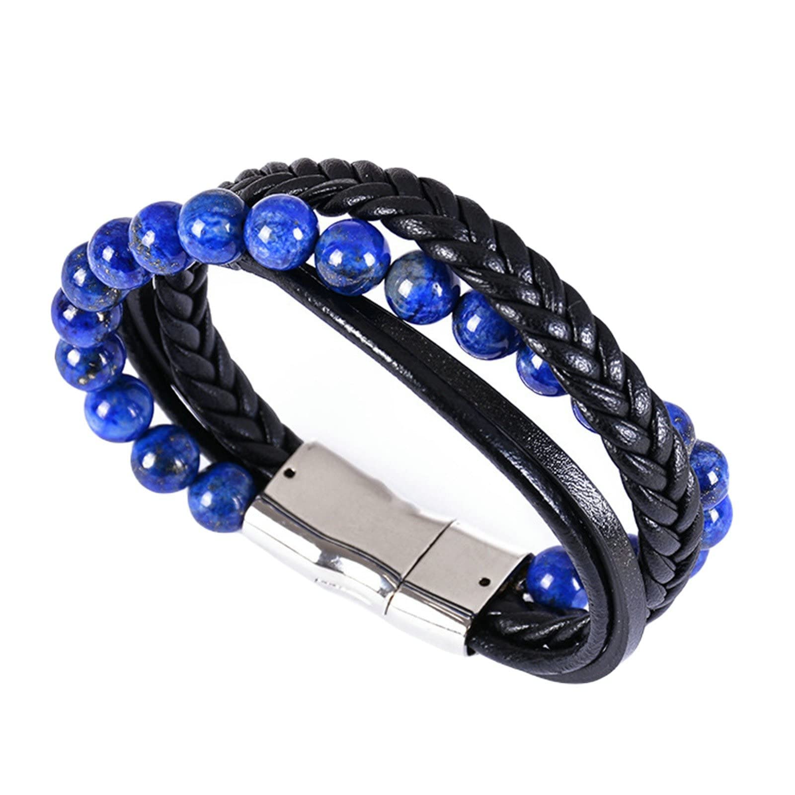 Perlenarmbänder für Herren, mehrschichtiges geflochtenes Steinarmband aus Leder, Gothic-Armband für Herren, 21 cm