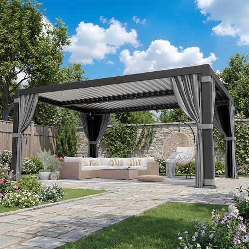 BETISEF 12'x16' Louvered Pergola, Outdoor Pergola with 2 Independent Adjustable Roof and Drainage System, Aluminum Pavilion with Curtains & Netting, Hardtop Gazebo for Patio, Deck, Garden, Dark Gray