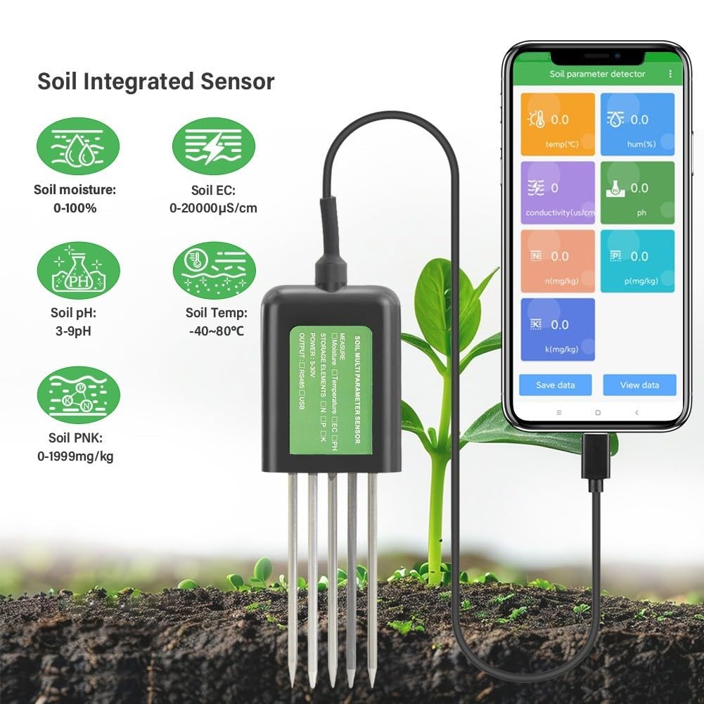 Probador de suelo 7 en 1, medidor de análisis de suelo digital USB para prueba de humedad de pH NPK para Android App compatible con cable de 1,5 m