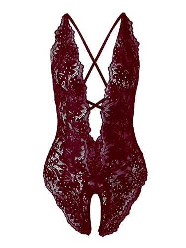 SOLY HUX Women's One Piece Lingerie Sexy Lace Babydoll Deep V Teddy Criss Cross Backless Teddy Mini Bodysuit - X-Large - Plain Burgundy