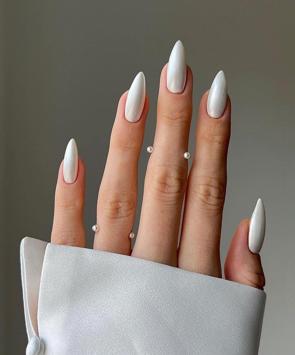 24PCS Press On Nails, Mirror Metal Stiletto Fake Nails, Almond Medium Shape, Stick on Nails, Glue on Nails (Aurora White)