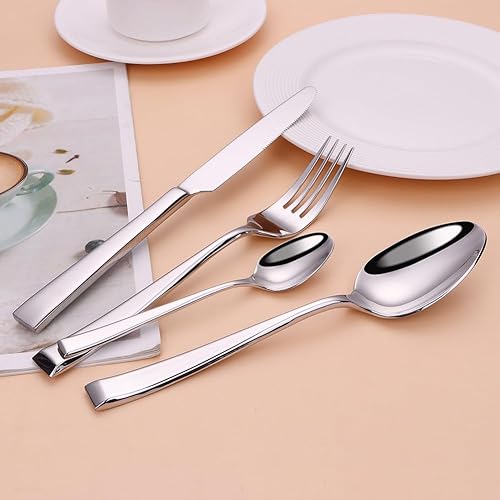 Miniatura 3 de Juego de cubiertos de 64 piezas para cubiertos de acero inoxidable 16, 18/10, mango cuadrado, juego de cubiertos para el hogar, cocina, restaurante,