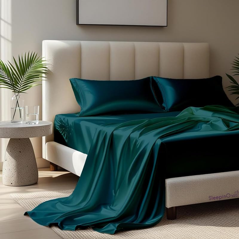 Image of Premium Satin Double Bed (90x100 Inchs) with 2 Pillow Cover Bedsheet Ultra Soft & Silky Smooth, Breathable Cooling Fabric, Luxury Glossy Finish|Teal