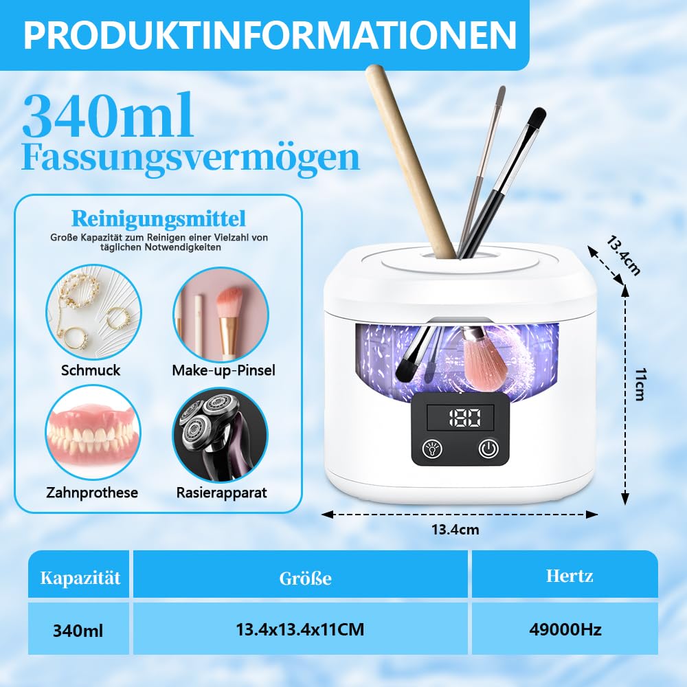 Dispositivo per la pulizia ad ultrasuoni, 50000 Hz, con 6 luci UV e 4 modalità, 340 ml, pulitore ad ultrasuoni, per protesi, per la pulizia a ultrasuoni, per la pulizia a ultrasuoni, per la testa